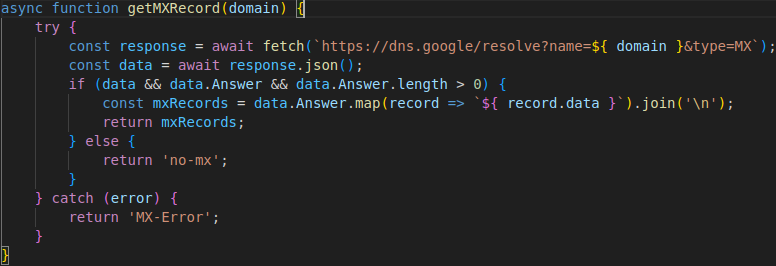 Figure 9. Function for querying MX records via Google DNS