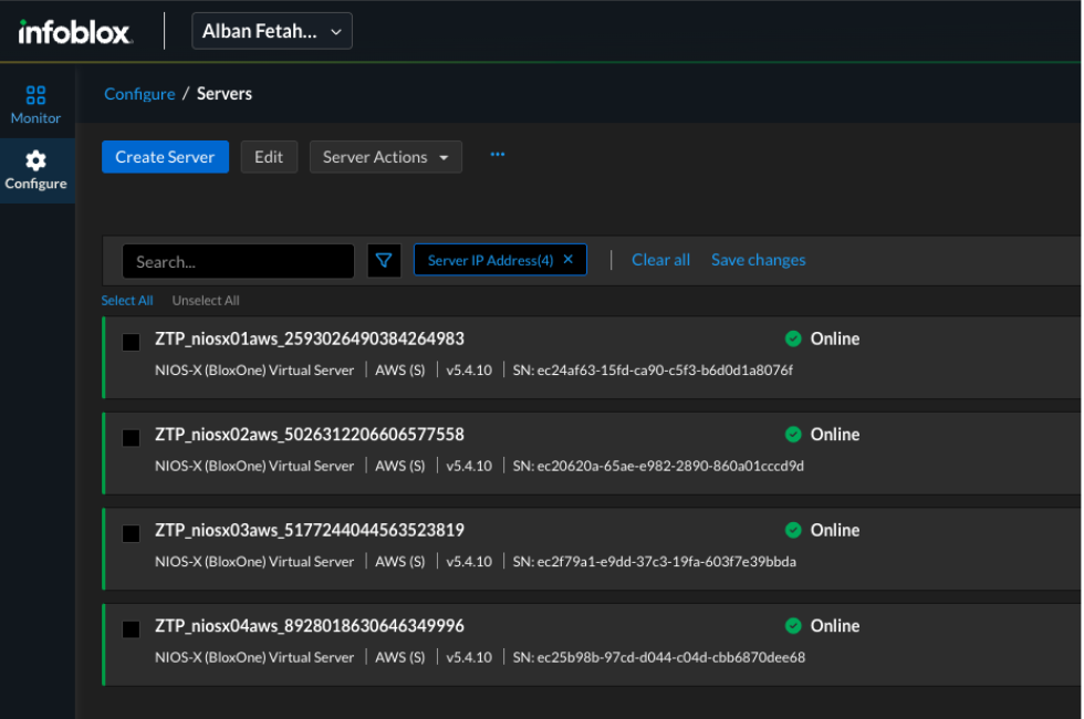Figure 2. Universal DDI portal showing NIOS-X appliances registered and online (Configure → Servers) 