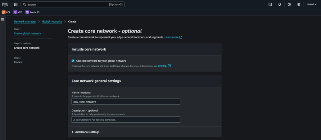 Figure 3. Create AWS global network in network manager 