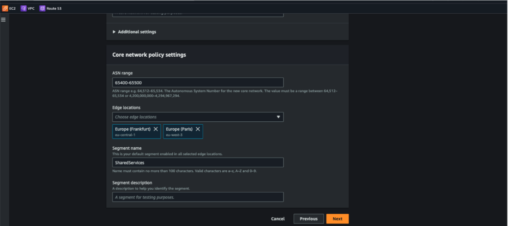 Figure 4. Create core network and select regions/edge/segments 