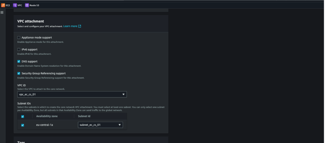 Figure 5. VPC attachment creation with DNS support enabled 