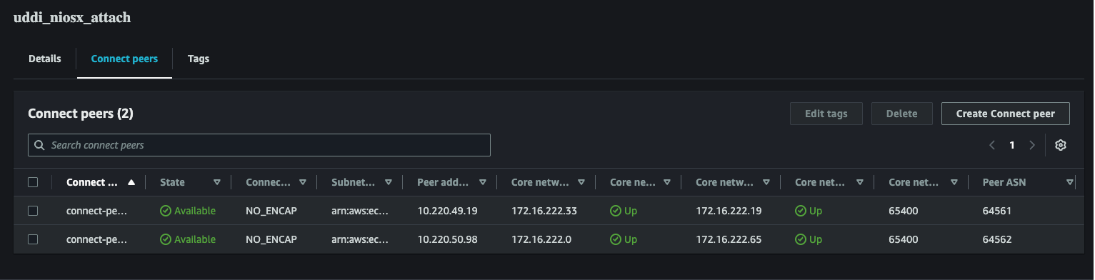 Figure 7. Connect attachment BGP peers configuration details (BGP would show down since we didn’t yet configure the NIOS-X side, but the screenshot here is when all is configured, hence it shows BGP Status UP)
