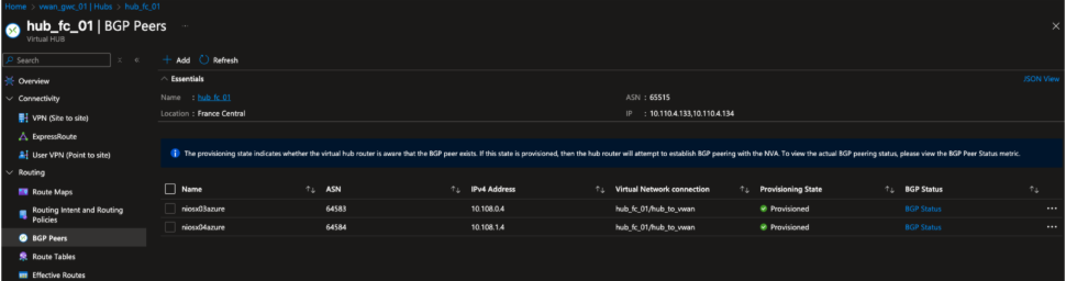 Figure 14. BGP peering configuration in France Central hub showing NIOS-X appliances peered with the Azure Virtual WAN hub router