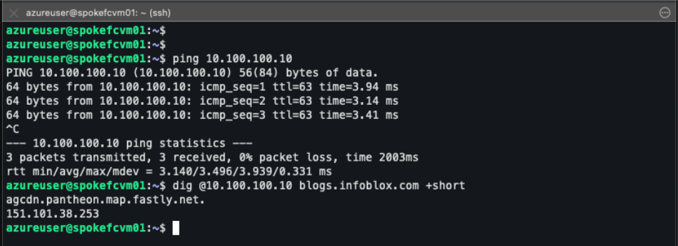 Figure 16. VM in France Central spoke VNet, showing successful ping to anycast IP 10.100.100.10 and DNS resolution via anycast