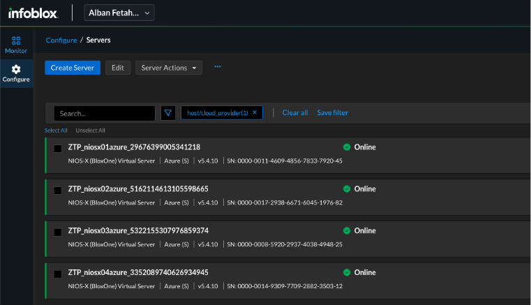 Figure 2. Universal DDI portal showing NIOS-X appliances registered and online (Configure → Servers)