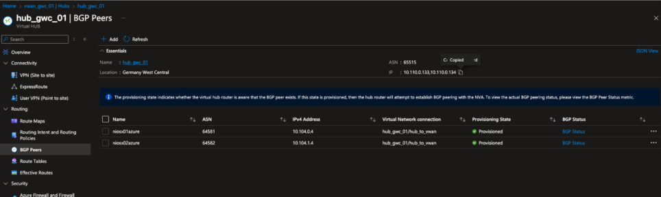 Figure 5. BGP Peers view of the Germany West Central virtual hub displaying the two NIOS-X peers configured with unique ASNs. Both peers are in the Provisioned state, indicating that BGP sessions have been established, and anycast routes are being advertised into the hub.