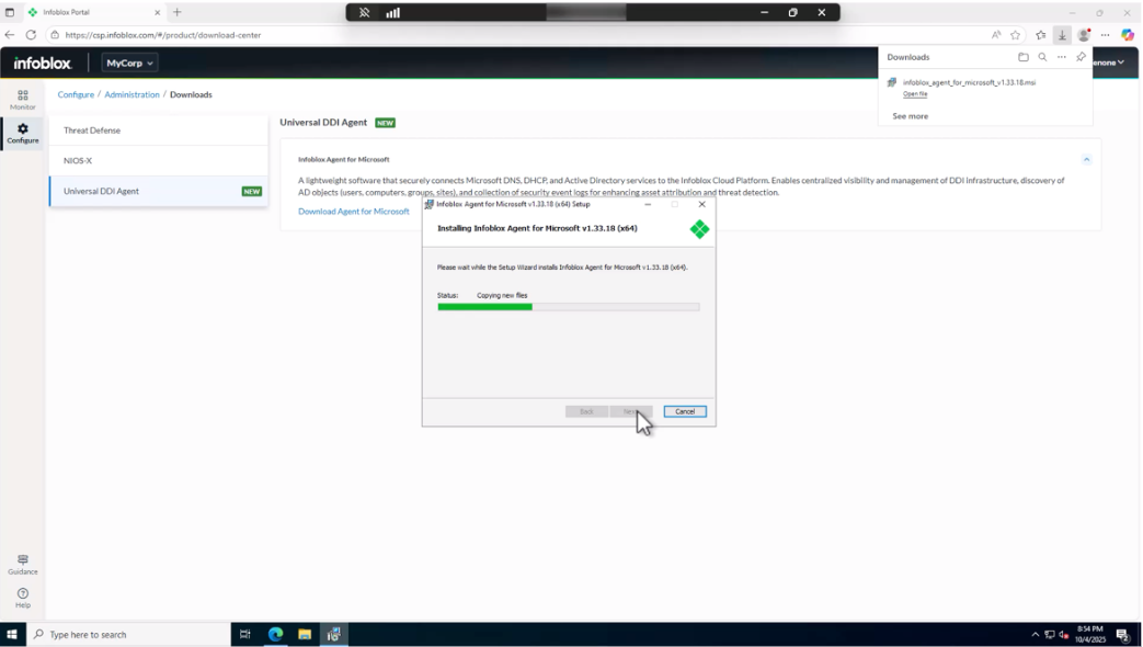 Figure 1. Easy-to-install agent installing on a Windows member server 