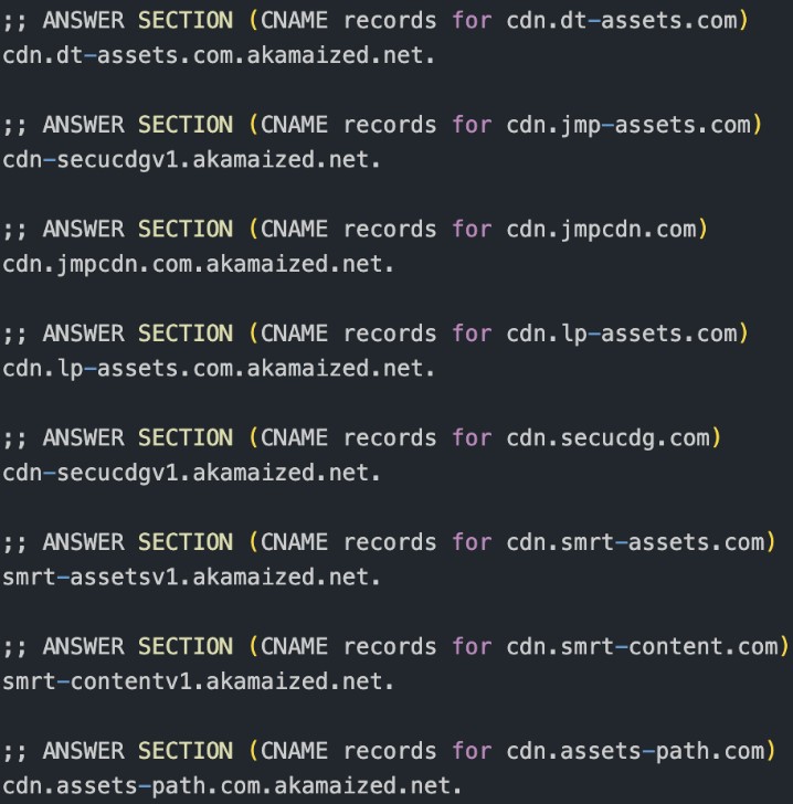 Figure 10. VexTrio CDN server domains showing Akamai edge hostname CNAME DNS records 