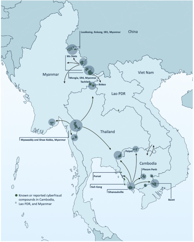 Figure 2. Locations of known or reported scam centers in the Mekong region, 2023 – 2025 (UNODC, 2025) 