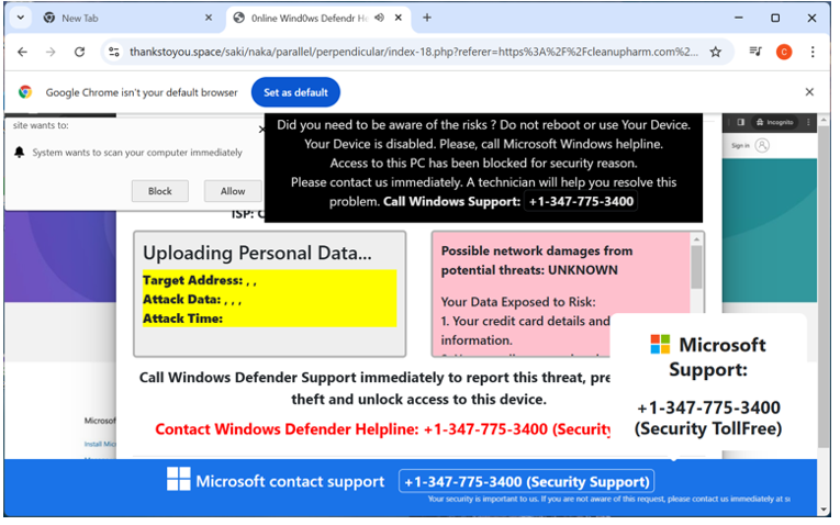 Figure 10. Push notifications following a visit to a Hazy Hawk URL claimed that the laptop had been hacked; clicking on the notification led to tech support and antivirus scams 