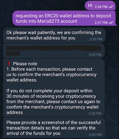 Figure 10. Customer Support Agent sending the wallet address