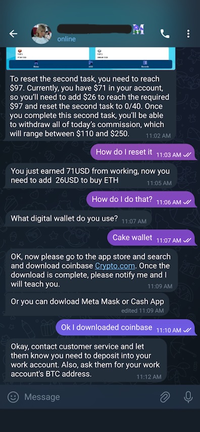 Figure 13. Maria tells me I need to send her $26 of Ethereum to continue working