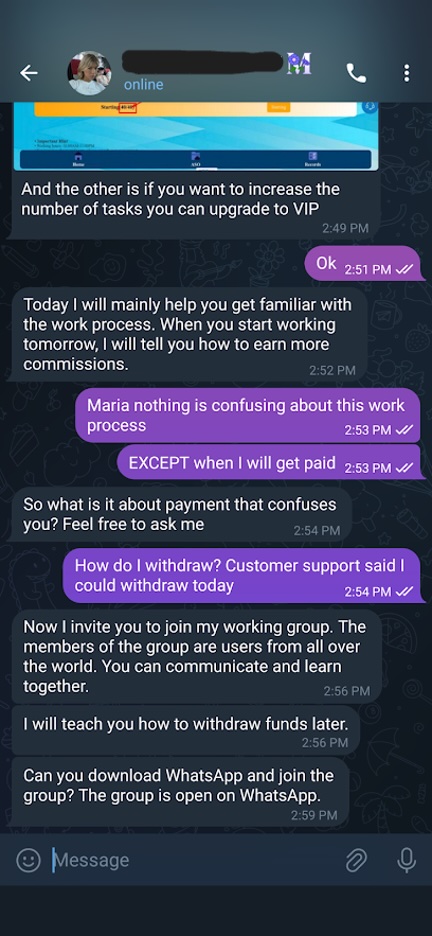 Figure 19. Maria dodging my questions about how to withdraw my earnings