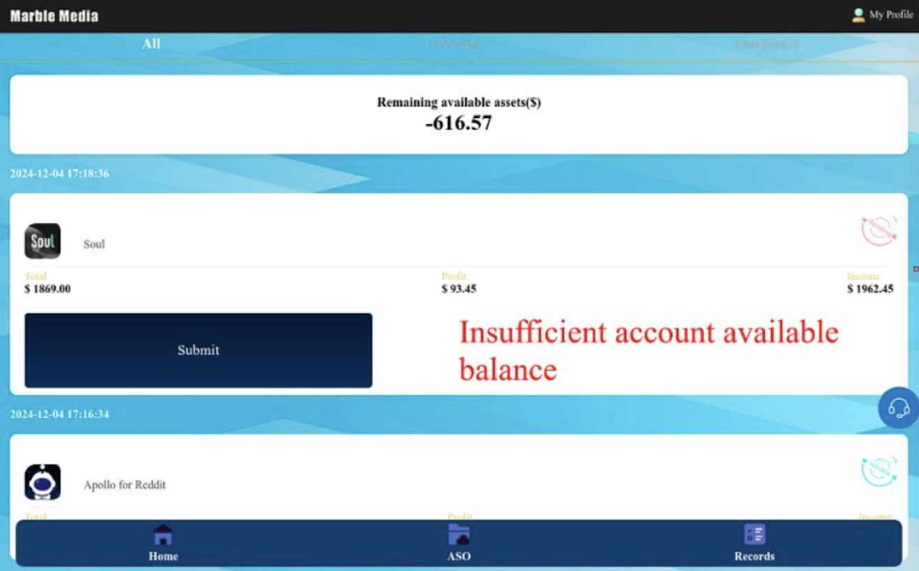 Figure 6. Screenshot of website showing “Insufficient account available balance”