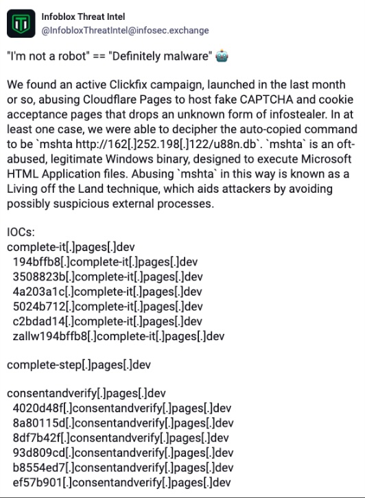 Figure 1. IoCs from Mastodon Channel (@InfobloxThreatIntel)