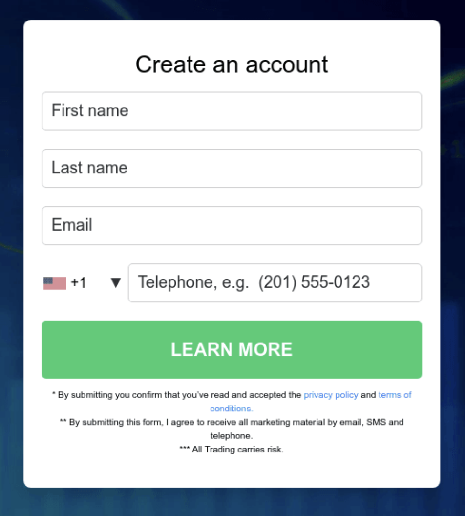 Figure 1. Example of embedded web form in a February 2025 investment scam