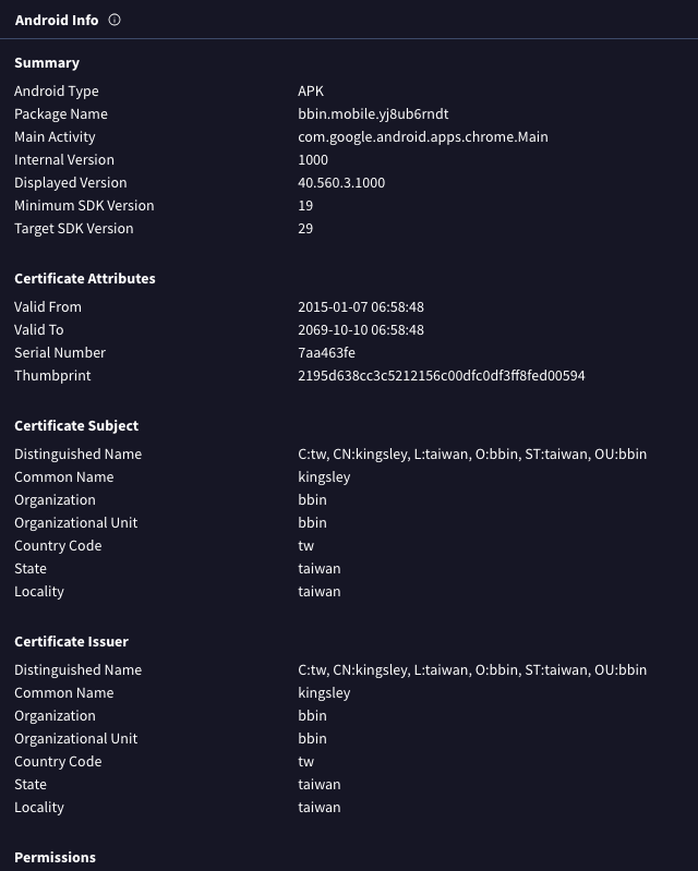 Figure 22. Android application communicating with 47.243.69[.]88, one of the identified C2s hosted on Alibaba. It was signed by BBIN, Taiwan. 